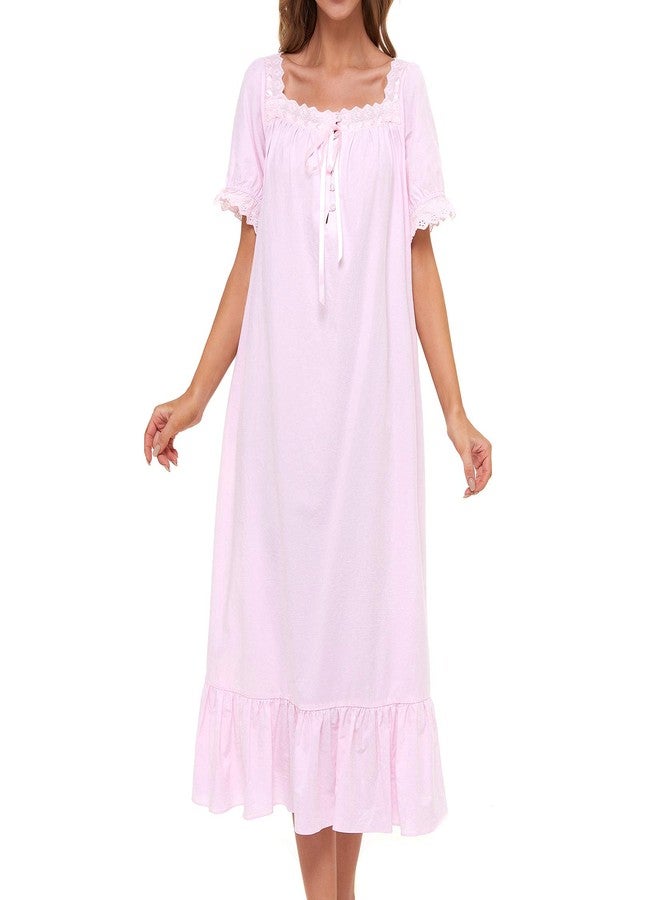 Lu's Chic Women's Victorian Nightgown Cotton Sleepwear Long Loungewear Short Sleeve Soft Nightwear Night Dress Sleep Calf Length Ruffle Nightdress Scoop Neck Lace Solid Pink Small - Image 1
